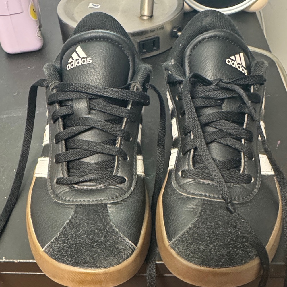 Adidas Kids Black and White Sneakers with Gum Sole